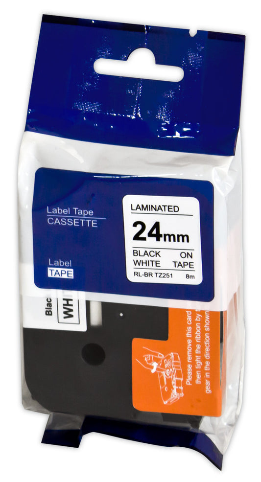 Compatible Brother TZE251 Label Tape, Black On White, 24MM * 8M