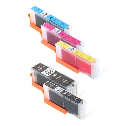 Compatible Canon PGI-250XL/CLI-251XL (250XLBK, CLI-251XL BK/C/M/Y) Inkjet Color Combo, Blk,Blk, Cyan, Magenta, Yellow, 500/660 High Yield, 5 Cartridge Pack (K/K/C/M/Y)