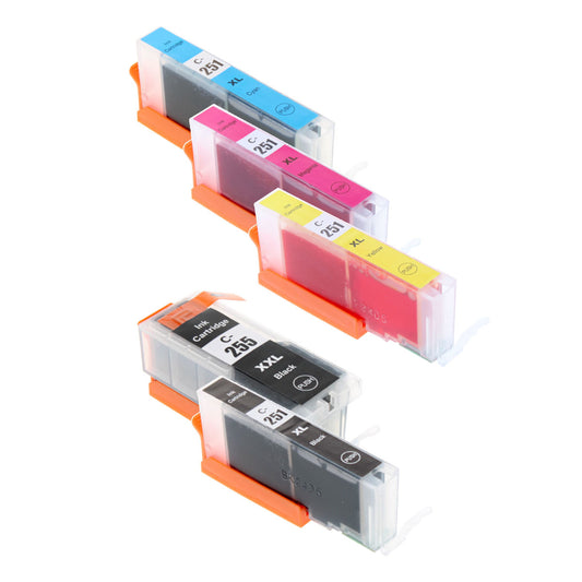 Compatible Canon PGI-255XXL/CLI-251XL (255XXLBK, CLI-251XL BK/C/M/Y) Inkjet Color Combo, Blk,Blk, Cyan, Magenta, Yellow, 800 X.H.Y., 660 High Yield, 5 Cartridge Pack (K/K/C/M/Y)